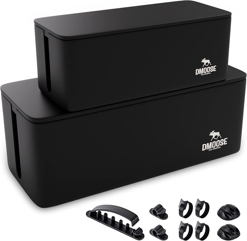 DMoose  Cable Management Box - 2 Pack Medium & Large Cord Organizer for Desk & Floor, Cable Organizer Box for Child & Pet - Cable Box Hider for Tidy Office & Home, Power Strip Cover (Black - Pack of 2) - Image 1